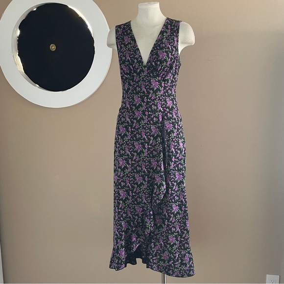 connected apparel Dresses & Skirts - Connected Apparel Size 12 Blue Floral Midi Dress Deep V Ruffle Slit Feminine